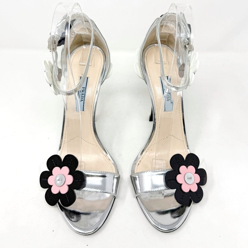 Prada Silver Floral‎ High Heel Sandals Ankle Strap EU 38 - Picture 2 of 10
